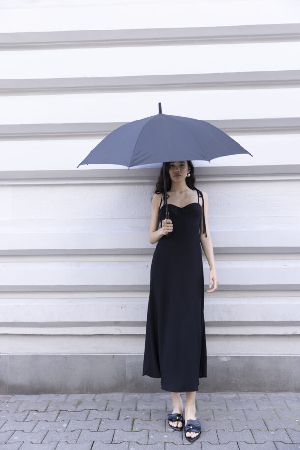 BILLY long black matte viscose dress with tie straps