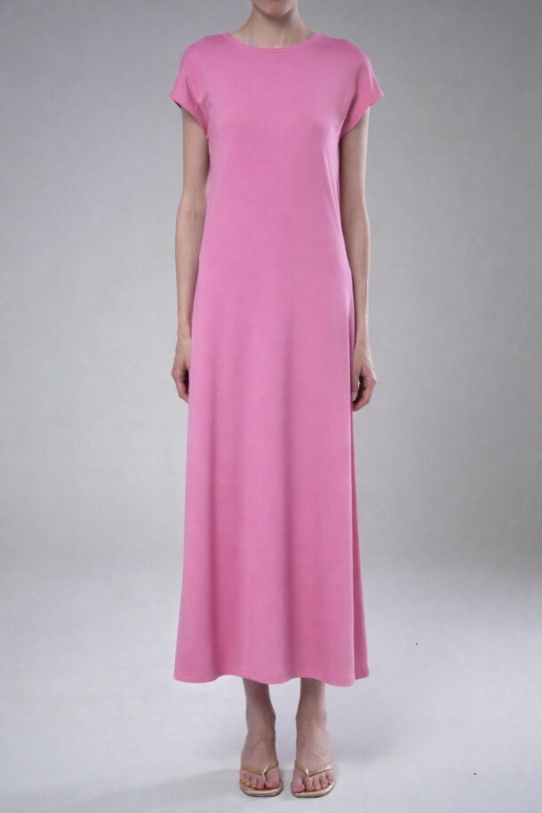 BETH long dress in double-layer viscose in pink with short sleeves