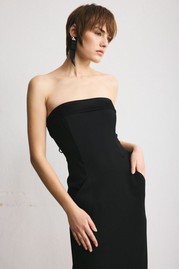 Long black corset dress with pockets