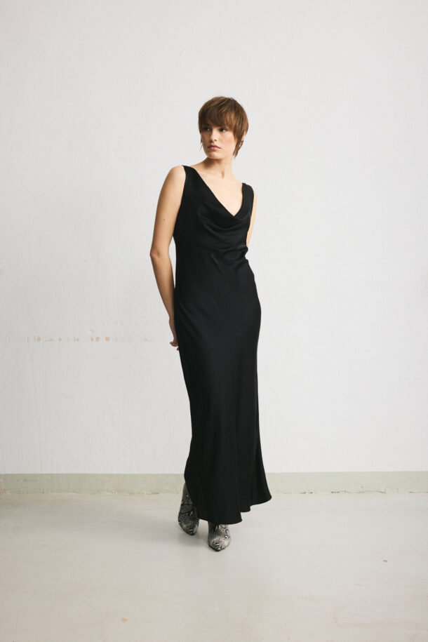 NATH long satin black dress with a draped cowl neckline.