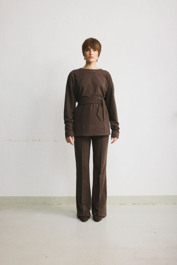 Milk chocolate flared trousers with stitched front creases from the LOUNGE line