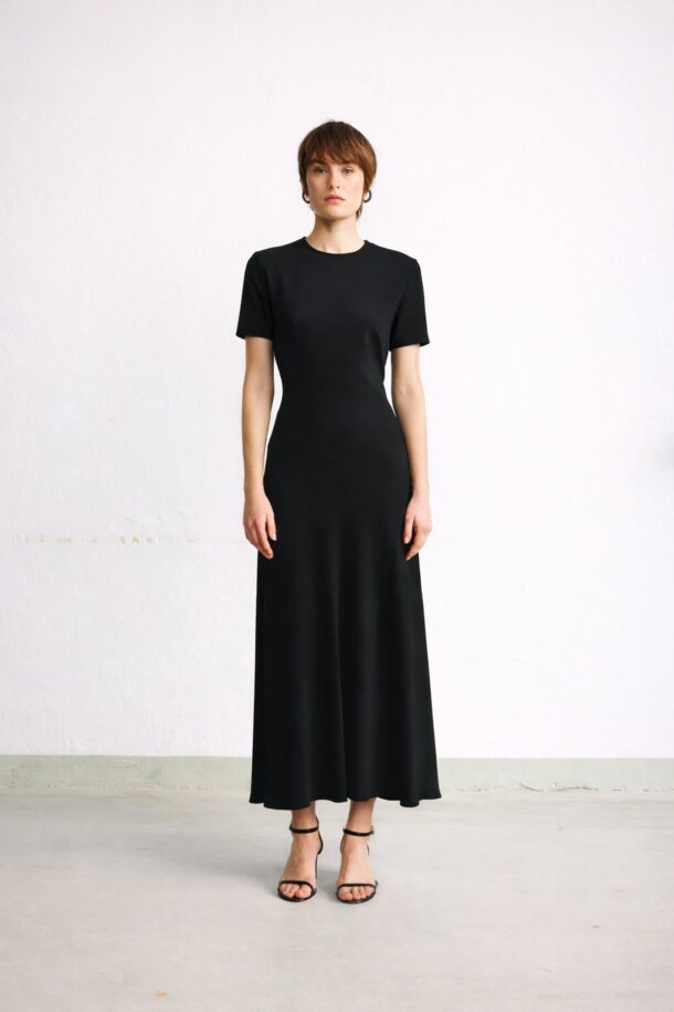 SIRA long black satin dress with shoulder pads and short sleeves