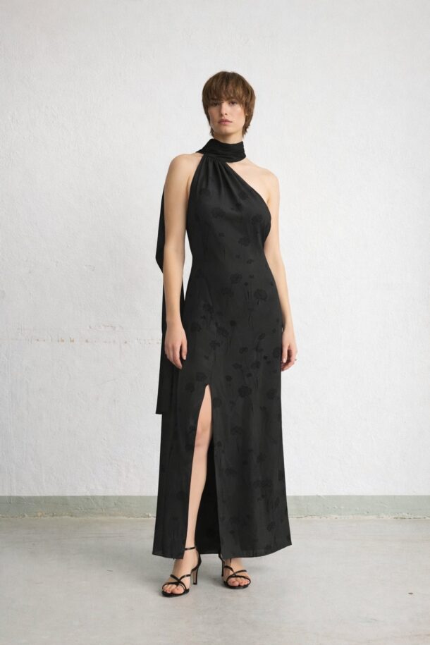 VIVI long one-shoulder dress with a neck sash and thigh-high slit in a graphite dandelion print