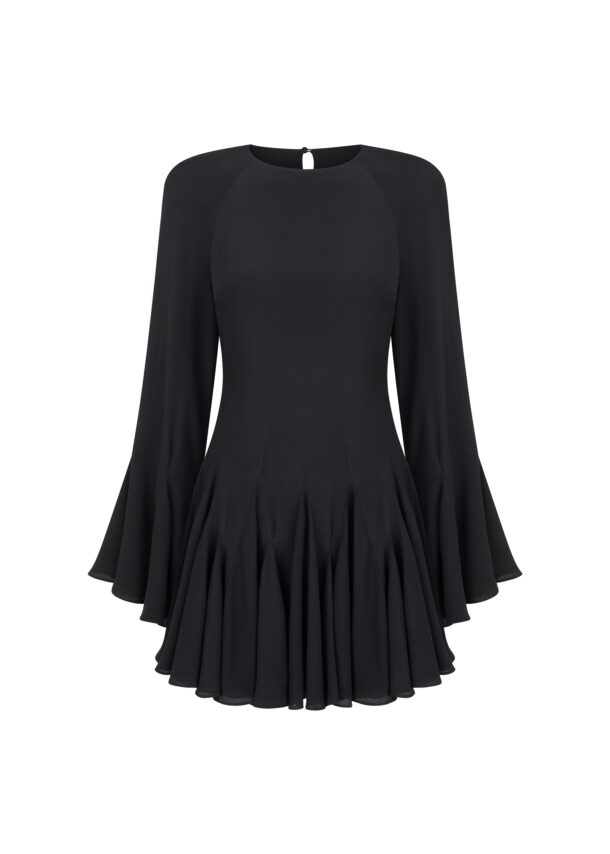Short black raglan dress LOU with long sleeves and a flared hem.
